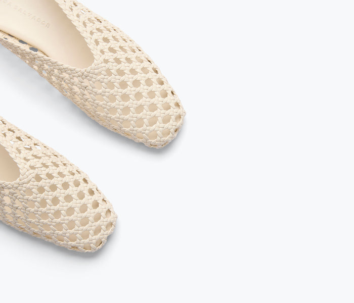 Freda Salvador Etta woven ankle lace-up flat mule in natural vanilla color with detailed woven calf design.