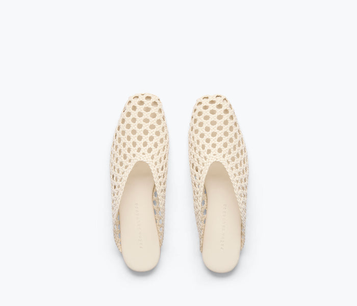 Freda Salvador Etta woven ankle lace-up mule in vanilla color with woven calf top, flat slip-on shoe for casual wear.