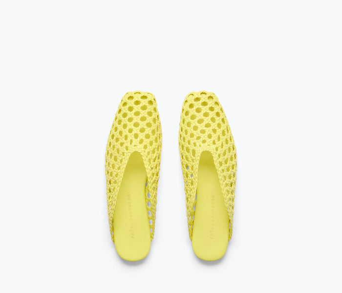 Yellow woven leather ETTA ankle lace-up mule by Freda Salvador featuring a flat sole and stylish calf top design.