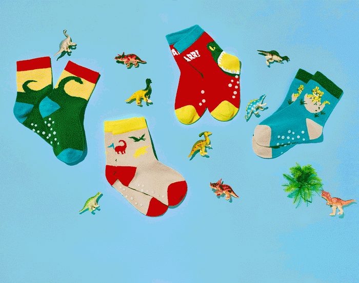 GIF Ten Little Everyday Crew Socks 4 Pack Dino- Available at www.tenlittle.com