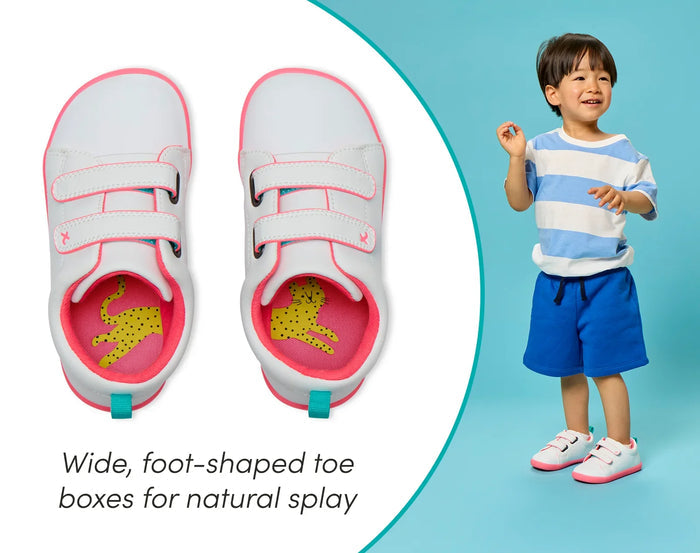 Split view of child wearing Ten Little Everyday Original - Neon Glow and top view of wide, foot-shaped toe boxes for natural splay - Neon Pink. Available at www.tenlittle.com