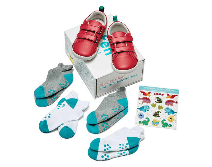 Ten Little Everyday Originals Bundle - Red Shoes, 4 Pack Socks and Stickers Dino - Available at www.tenlittle.com