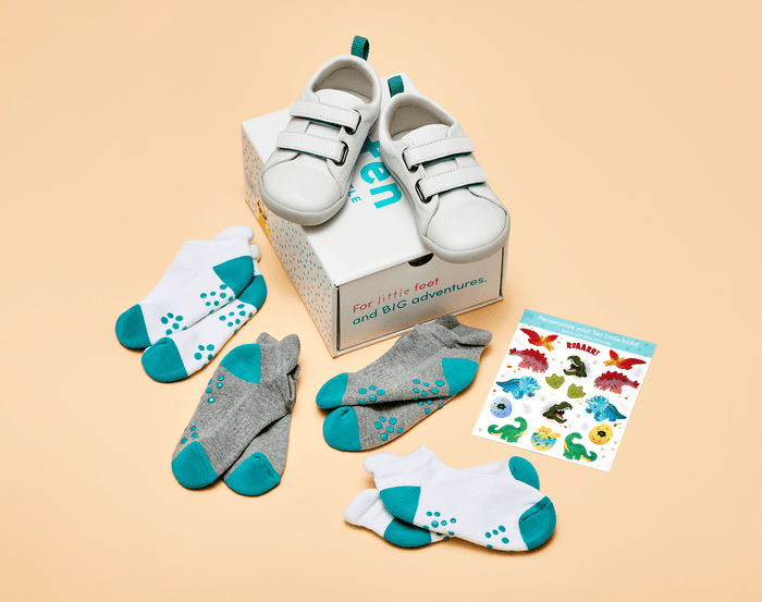 Ten Little Everyday Originals Bundle - White Shoes, 4 Pack Socks and Stickers Dino - Available at www.tenlittle.com