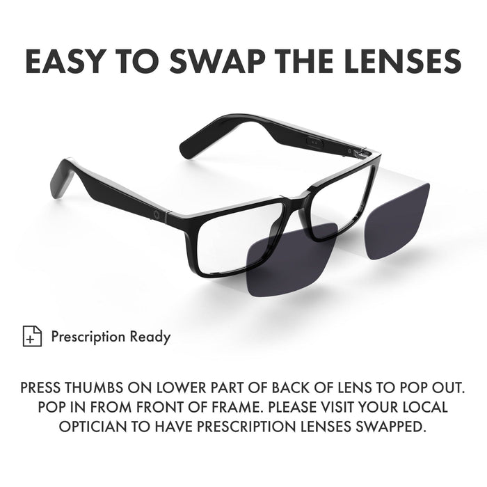A pair of black glasses fitted with Lucyd Extra Lenses is shown having its lenses swapped easily by pressing on them. For prescription lens replacements, visit an optician.