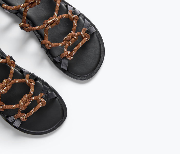 Close-up of Freda Salvador FAE Rope Sandal in chocolate brown, showing woven rope straps and sleek design details.