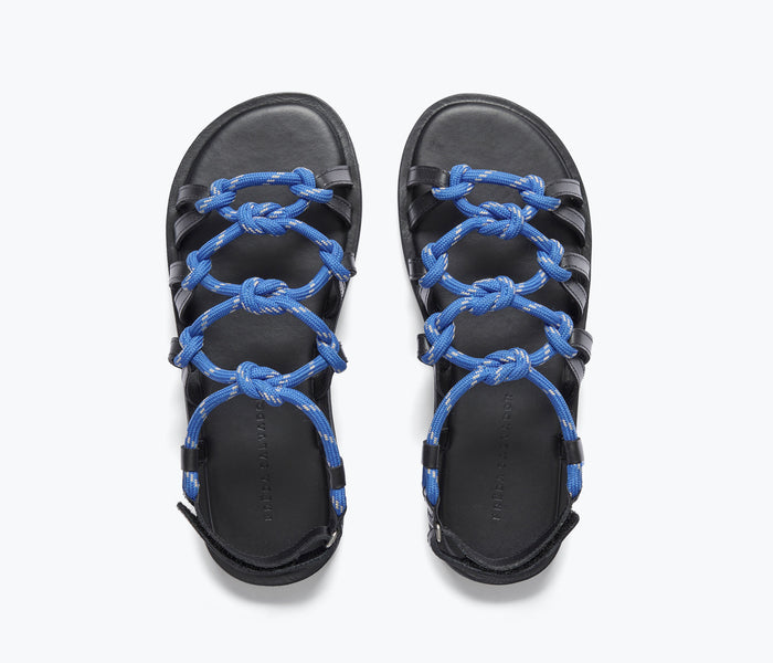 Freda Salvador FAE Rope Sandal in cobalt blue, top view showing woven rope straps and open toe design.
