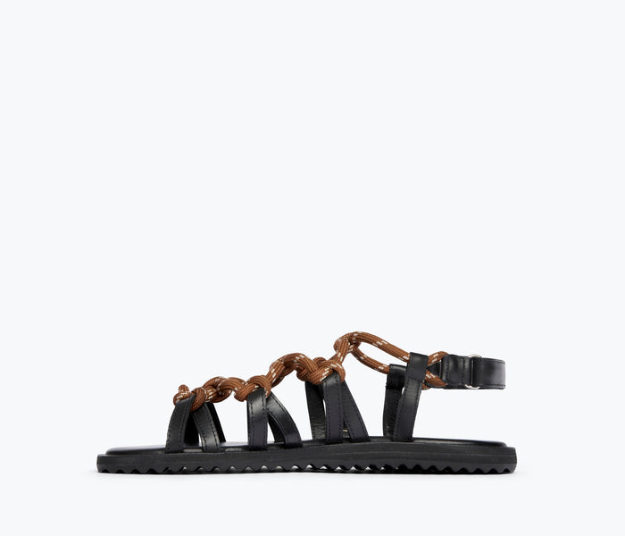 Freda Salvador FAE rope sandal in chocolate with braided rope straps and open toe design, shown from inside view.