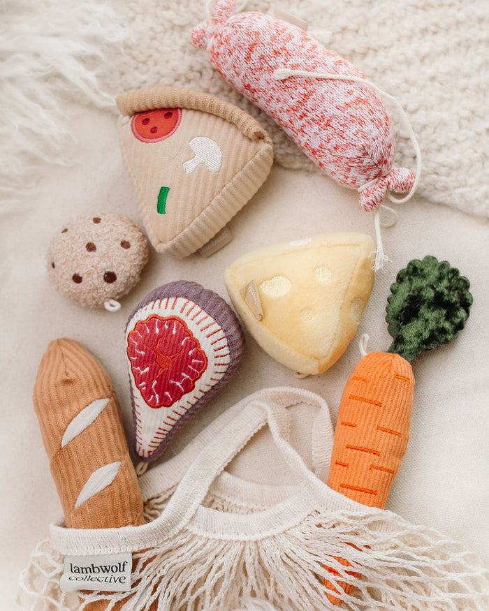 mini dog toy set with squeakers, interactive food themed plush toys with tote for enrichment play
