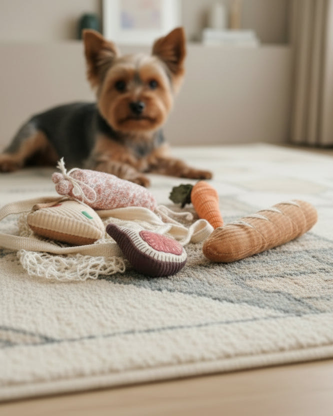 plush dog toy bundle with multiple mini squeaky toys, enrichment set designed for curious playful pups