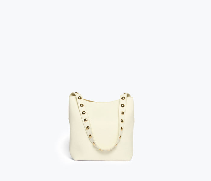 Freda Salvador Fiona Small Studded Tote bag with gold stud accents, front view showing compact design and stylish details.