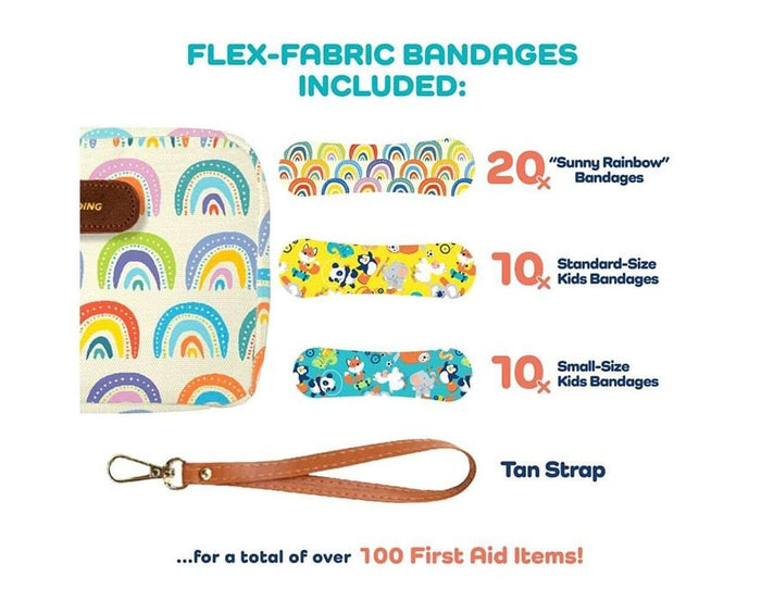 Bandages included in Keep>Going First Aid Rainbow GoKit. Available from www.tenlittle.com.