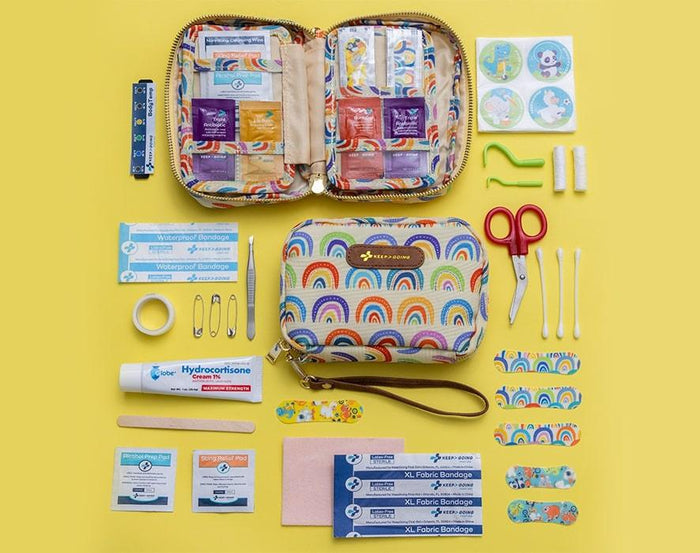 Contents in Keep>Going First Aid Sunny Rainbow GoKit. Available from www.tenlittle.com.