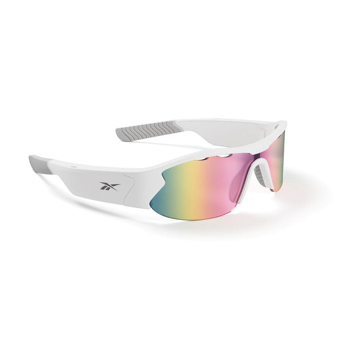 The Reebok Flash sports sunglasses feature a sleek white frame with gray accents, a Reebok logo, and reflective rainbow-tinted polarized lenses—perfect for an active lifestyle.