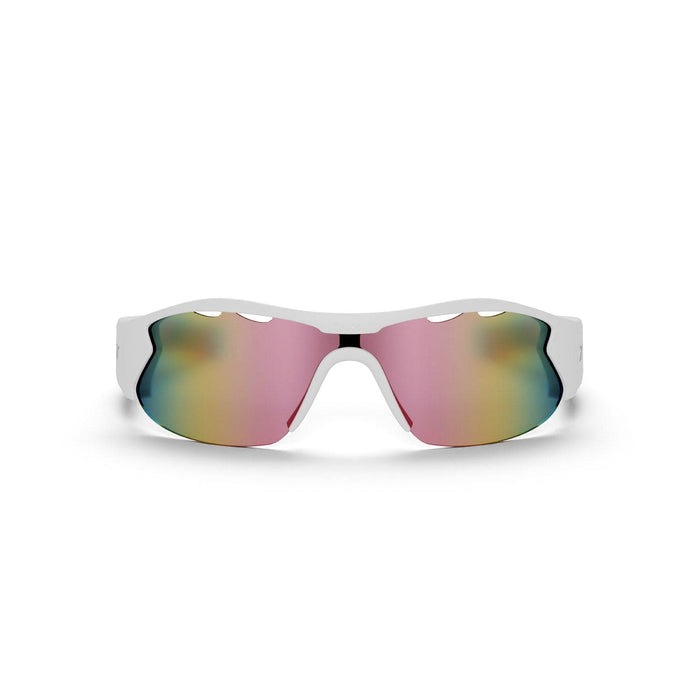 Reebok Flash sports sunglasses feature a single, wide, polarized lens that transitions from pink to yellow. Shown facing forward on a plain white background.