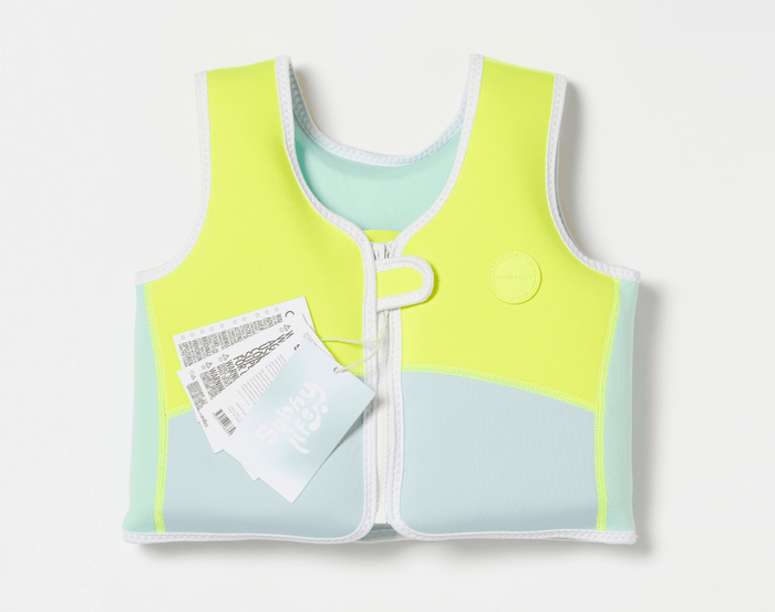 Front of Sunnylife Shark Float Vest with tags. Available from www.tenlittle.com