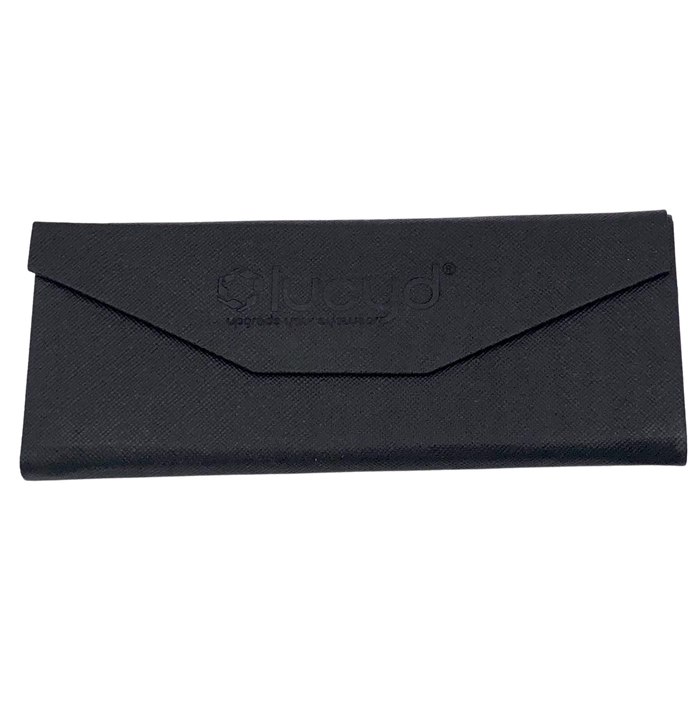 The Lucyd Fold Flat Case is a black rectangular leatherette glasses case with a flap closure and subtle embossed logo and text on the front, designed for portability and durability. Shown against a plain white background.