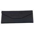 The Lucyd Fold Flat Case is a black rectangular leatherette glasses case with a flap closure and subtle embossed logo and text on the front, designed for portability and durability. Shown against a plain white background.