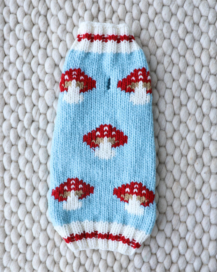 Forest Floof Mushroom Knit Dog Sweater, soft and cozy for small-medium dogs like Pomeranians, Cocker Spaniels, and Boston Terriers.