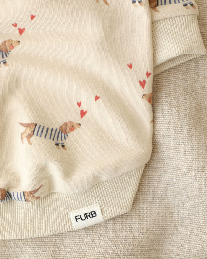 Frankie Dachshund Print Dog Sweatshirt, dog sweatshirt for stylish dogs with heart print