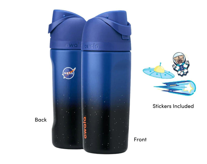 Front and back view of Owala FreeSip Water Bottle & Stickers - 16 oz. Available at www.tenlittle.com