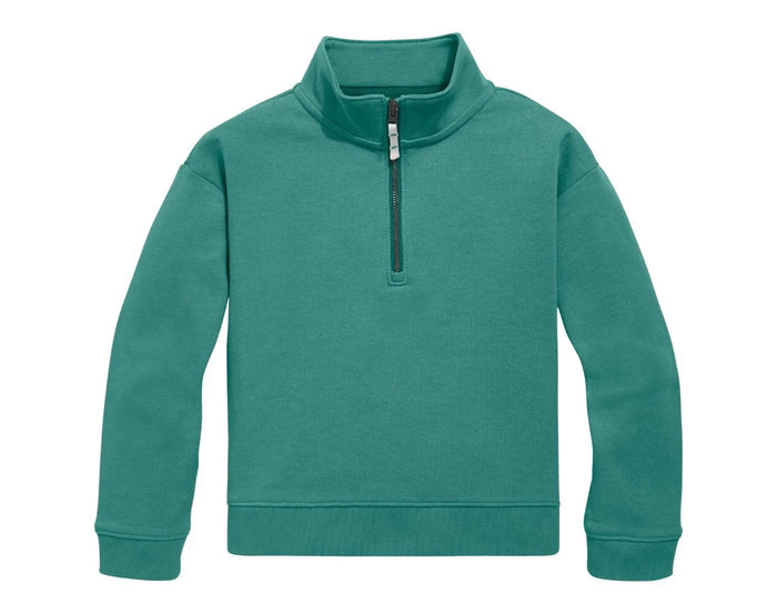 Primary French Terry Quarter Zip Sweatshirt - Sunwashed Teal. Available at www.tenlittle.com