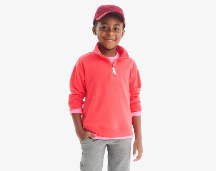 Boy wearing Primary French Terry Quarter Zip Sweatshirt - Strawberry. Available at www.tenlittle.com