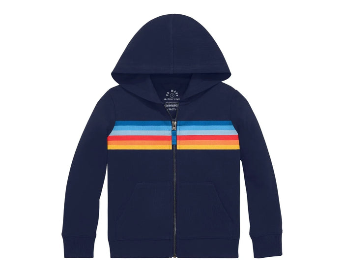 Primary French Terry Zip Hoodie - Striped Banner - Navy Banner. Available at www.tenlittle.com