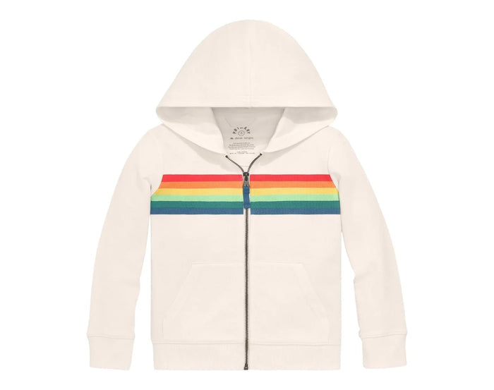 Primary French Terry Zip Hoodie - Striped Banner - Oat Banner. Available at www.tenlittle.com