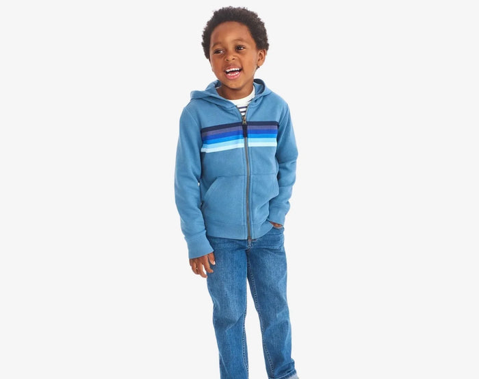 Child wearing Primary French Terry Zip Hoodie - Striped Banner - Moonlight Banner. Available at www.tenlittle.com