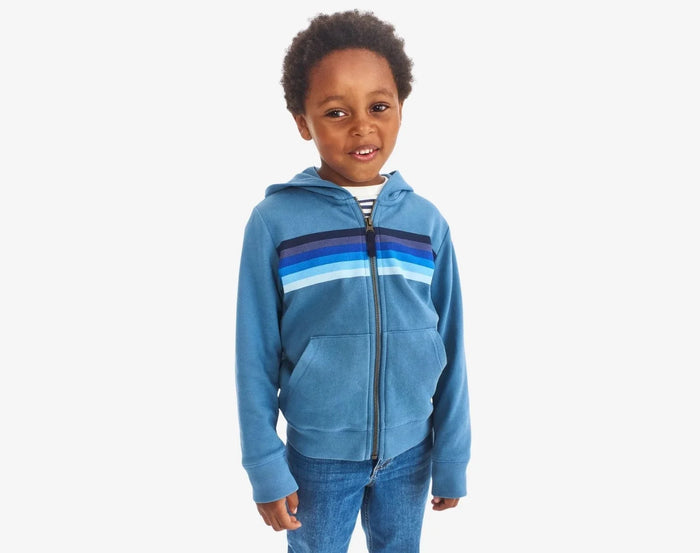 Child wearing Primary French Terry Zip Hoodie - Striped Banner - Moonlight Banner. Available at www.tenlittle.com