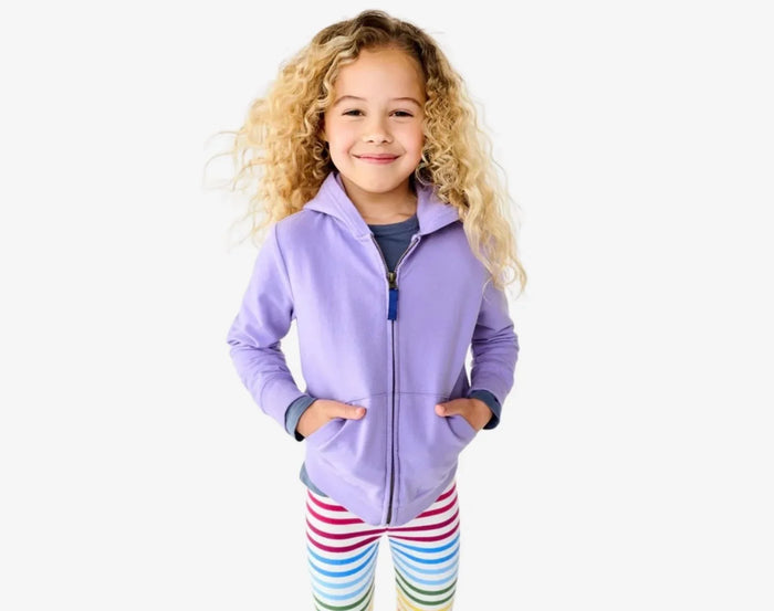 Child wearing Primary French Terry Zip Hoodie - Iris. Available at www.tenlittle.com