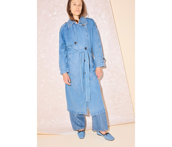 FREDA SALVADOR studded denim trench coat designed by DEREK LAM 10 CROSBY, featuring a classic silhouette with metal stud accents.