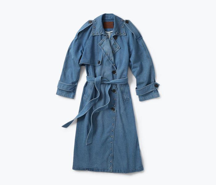 FREDA SALVADOR FS x DEREK LAM 10 CROSBY studded denim trench coat displayed on a hanger, showcasing its stylish design and detailing.