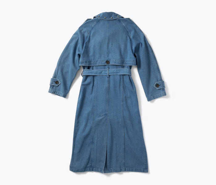 Freda Salvador FS x Derek Lam 10 Crosby studded denim trench coat shown from the back, featuring studded details and classic trench design.