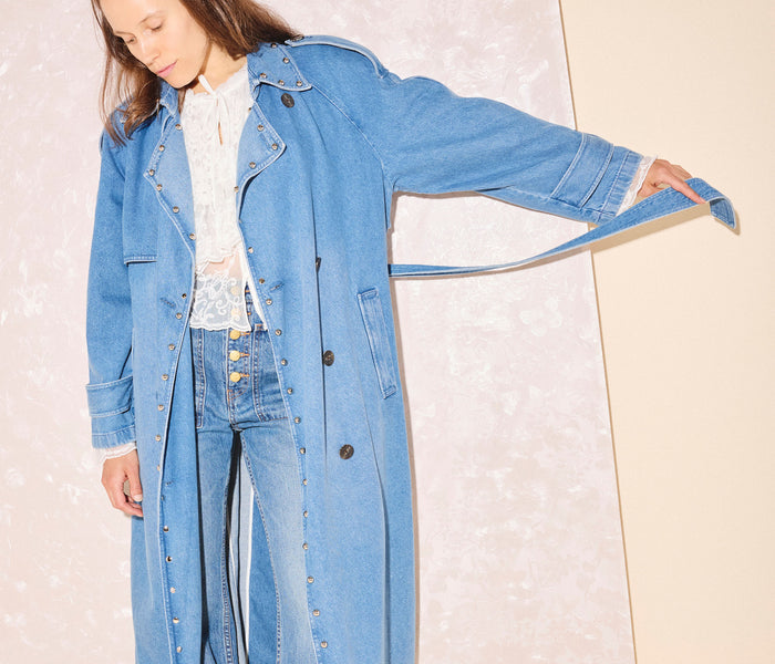 FREDA SALVADOR studded denim trench coat from FS x DEREK LAM 10 CROSBY collection, featuring a classic design with studded details.