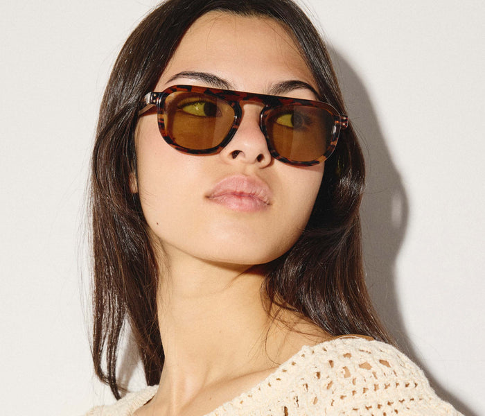 Blue and brown Sardine Stevie sunglasses with rounded frames and tinted lenses, stylish eyewear accessory.