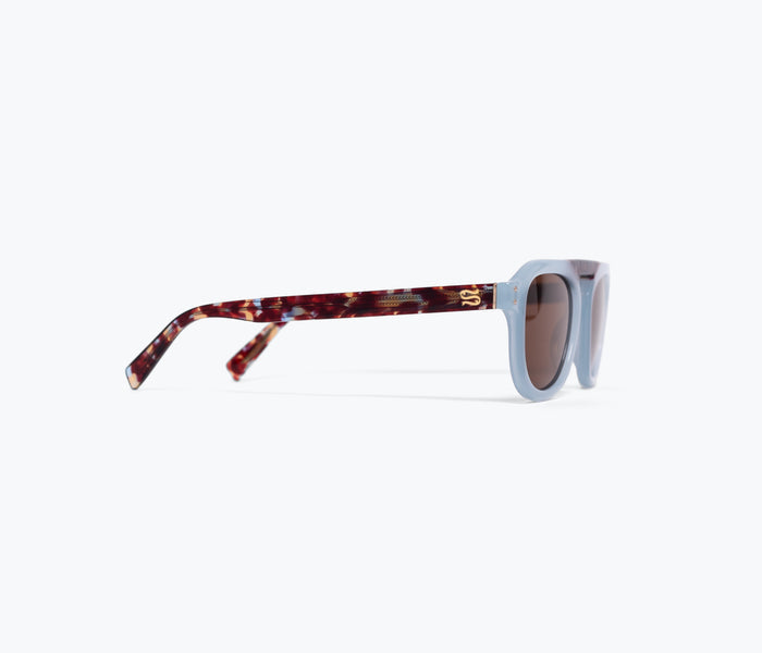 Sardine FS X Stevie sunglasses with blue and brown frames, side view showcasing sleek accessory design.