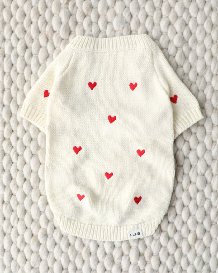 Fur-ever Yours Heart Dog Sweater, soft and festive for small-medium breeds like Boston Terriers, Pugs, and Cocker Spaniels on Valentine’s Day.