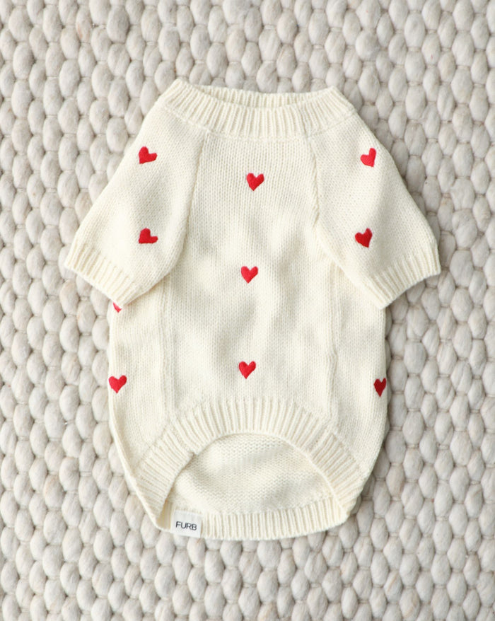 Cozy red heart sweater for small-medium dogs such as Mini Aussies, Pomeranians, and Shih Tzus. Perfect for snuggling or holiday photos.