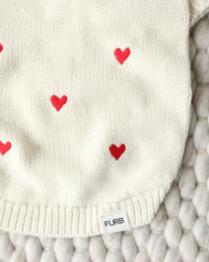Fur-ever Yours Heart Sweater for small-medium breeds like Pugs, Boston Terriers, and Mini Aussies. Cozy for cool weather.