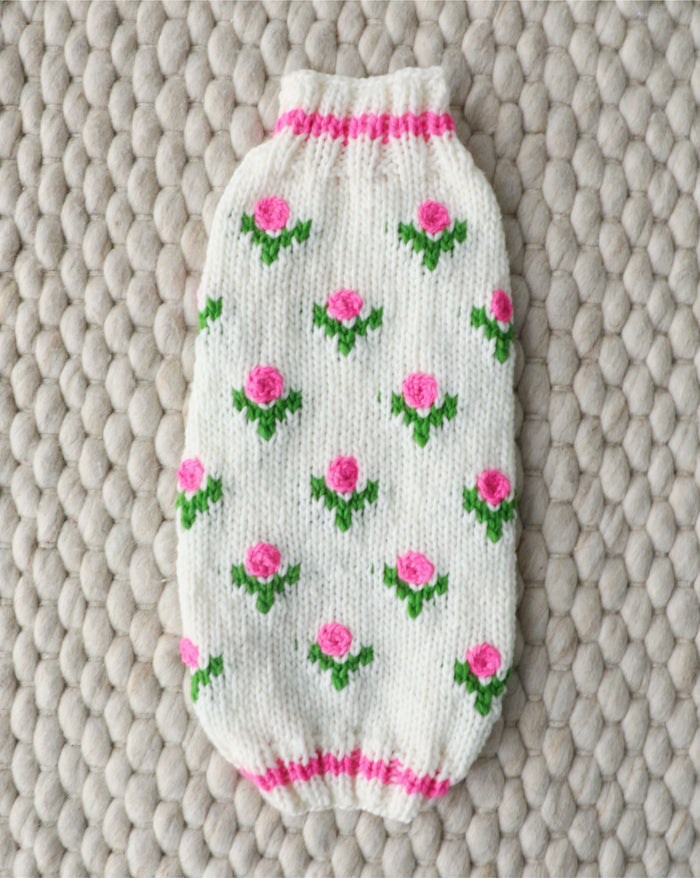 Floral knit dog sweater with delicate rose detailing, cozy and stylish for everyday wear, ideal for French bulldogs and pugs