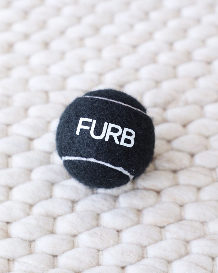 black dog tennis ball durable fetch toy with FURB logo for dogs