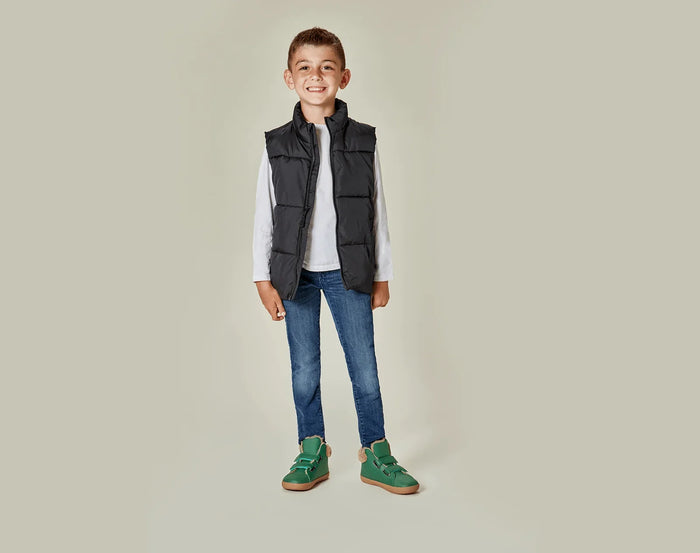 Child wearing Ten Little Furry High Tops - Emerald Green. Available at www.tenlittle.com