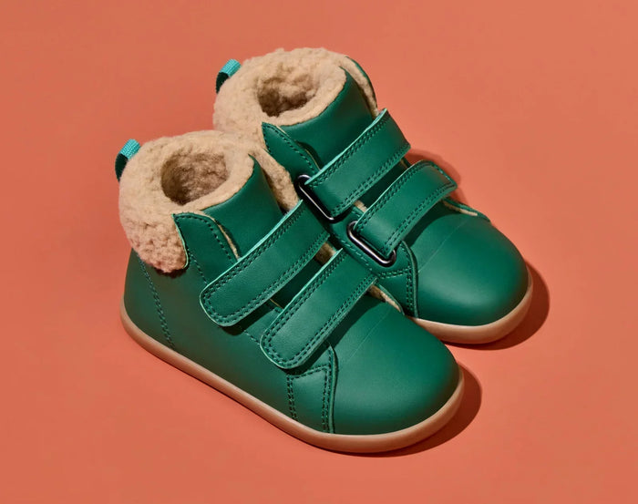Side and top view of Ten Little Furry High Tops - Emerald Green. Available at www.tenlittle.com