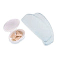 A white plastic case with beige earplugs sits beside Lucyd Gecko Grip Nosepads—blue mesh fly wings with adhesive nosepads—all displayed on a white background.