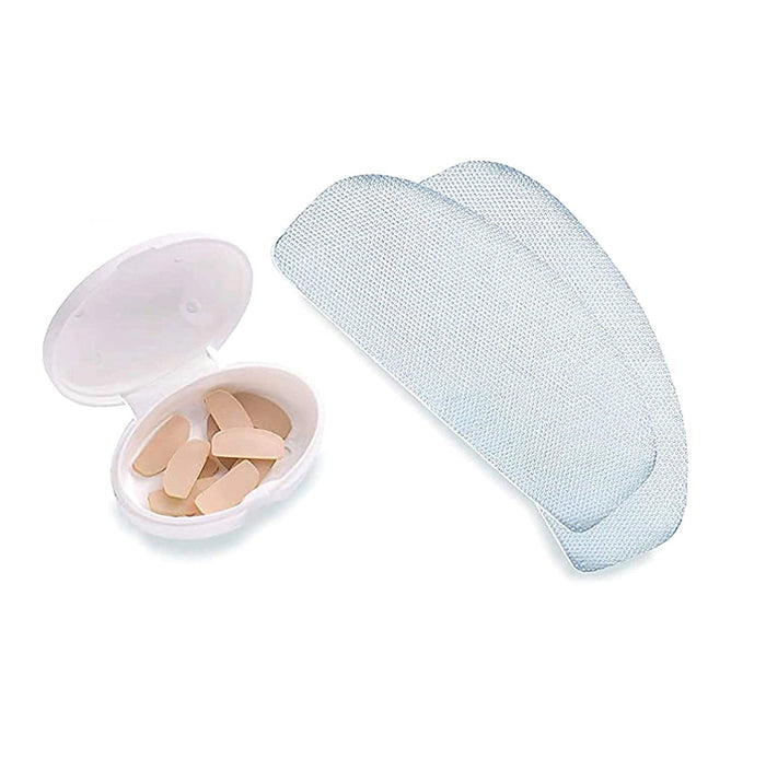 A white plastic case with beige earplugs sits beside Lucyd Gecko Grip Nosepads—blue mesh fly wings with adhesive nosepads—all displayed on a white background.