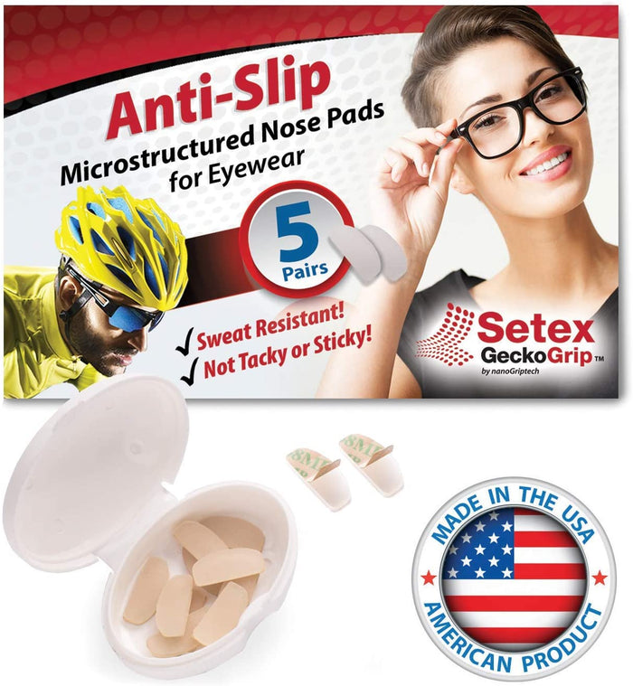 Box of Lucyd Gecko Grip Nosepads with Gecko Grip tech for top sweat resistance. Image features a woman in Lucyd frames, a cyclist, nose pads, case, and Made in the USA badge. Includes non-stick adhesive nosepads.