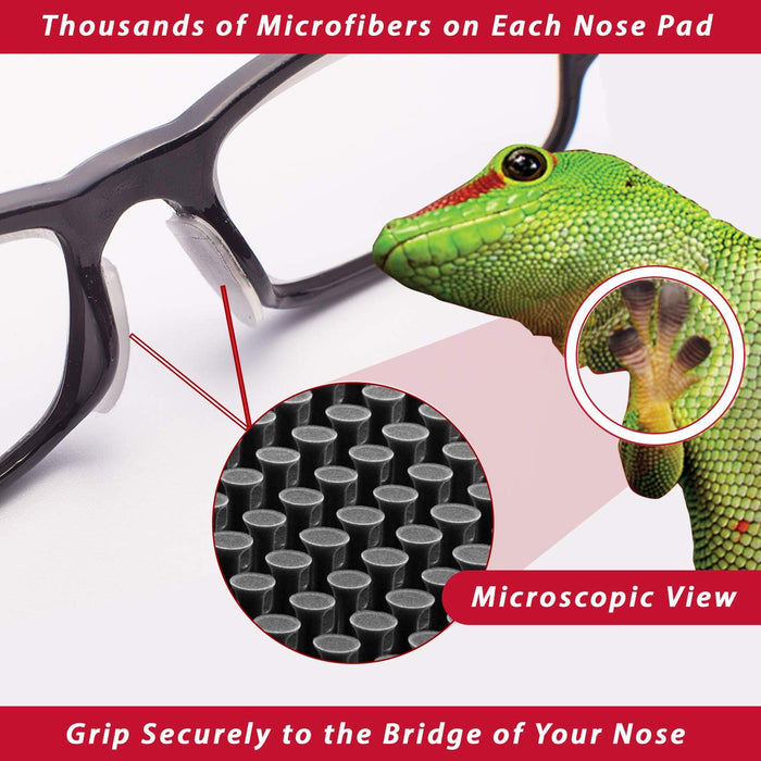 Close-up of Lucyd Gecko Grip Nosepads under a microscope shows microfibers inspired by a gecko’s foot for a secure grip, with an image comparing the nosepads’ texture to a gecko’s foot.
