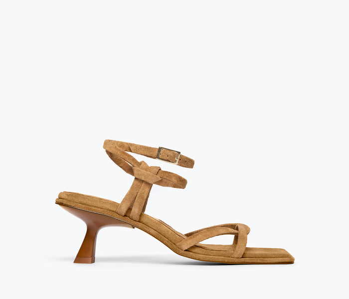 Fredrick Salvador Gianna strappy heeled sandal in chestnut suede, showing front view with elegant straps and heel.