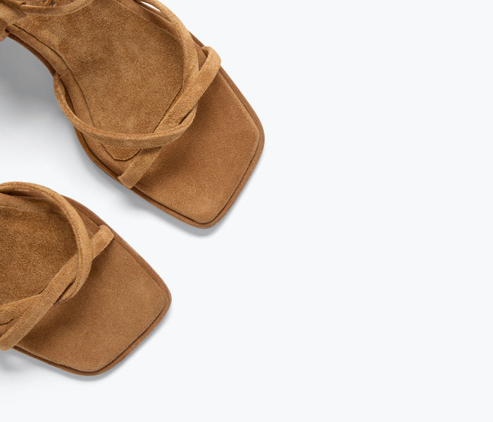 Fredaa Salvador Gianna strappy heeled sandal in chestnut suede with detailed straps and a sleek heel.